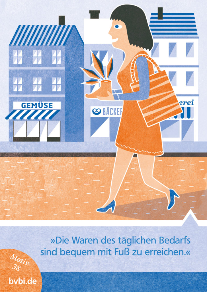 BVBI-Postkarte Motiv 38: »Die Waren des täglichen Bedarfs sind bequem mit Fuß zu erreichen.«