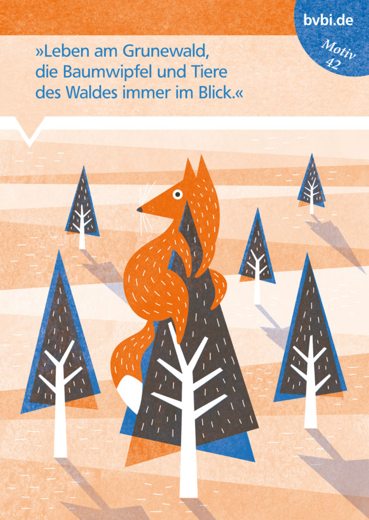 BVBI-Postkarte Motiv 42: »Leben am Grunewald, die Baumwipfel und Tiere des Waldes immer im Blick.«